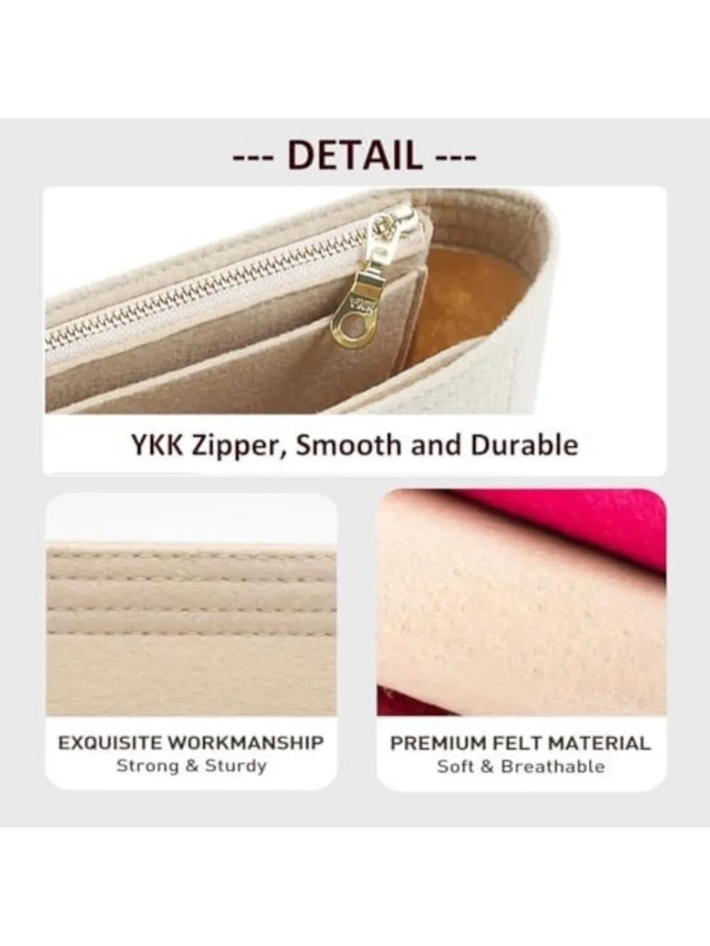 Beige Felt Mini Purse Organizer with Zipper - Ideal for Handbags & Shoulder Bags